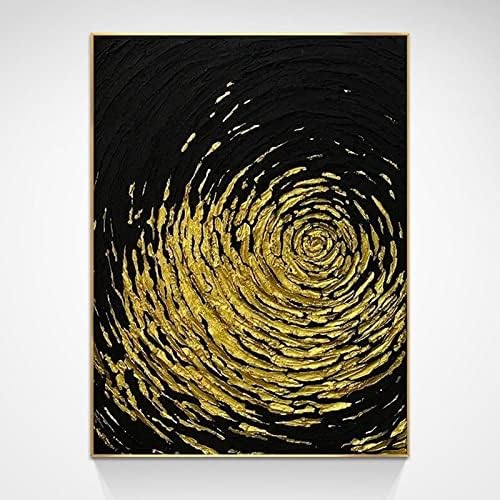 Маслени слики на платно рачно насликани, модерна апстрактна црна густа текстура круг злато фолија луксузна рамка, насликани масло слики