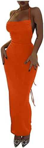 Lmудан женски секси каросериско фустан со шпагети ленти без грб со долга фустан мода цврста боја тенок вклопување на ракави макси