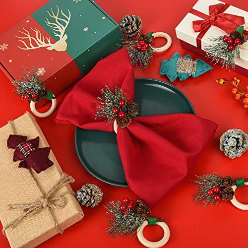 Божиќни салфетки прстени-18 парчиња борови конуси Божиќни салфетки, салфетки за салфетка од бор, со бобинки додатоци за појавување