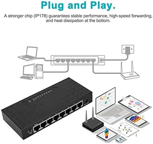 8 пристаништа стотици меги паметни прекинувачи, мрежа со високи перформанси VLAN Hub Desktop Switch Plug and Play, Цврст метал