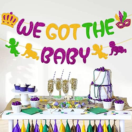 Добивме банер за бебиња Марди Грас Декорации за забави за туширање за бебиња, карневал Newу Орлеанс Маскарада Флеур де Лис Дебел Вторник Тема