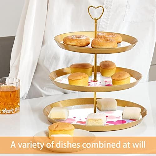 Розови loveубовни форми шема држач за чаши за тесто, 3 нивоа пластична златна торта штанд за десерт маса, кула за кукави кула за кула за тесто
