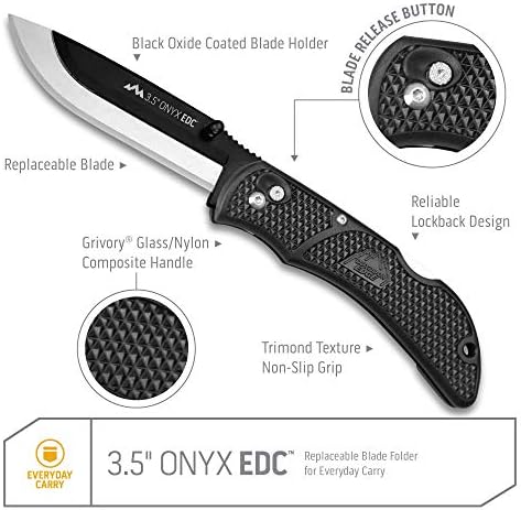 Надворешен раб 3,5 Оникс ЕДЦ - џебен нож со заменливи лопати и џебно клип. Совршен нож за остар EDC. Црна со 27 дополнителни лопати