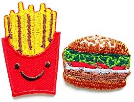 Сет од 2 мали. Мини француски помфрит Хамбургер брза храна симпатична цртана црта1 шиење железо на везена апликација знак знак за