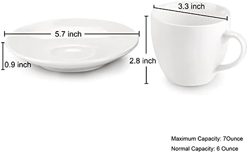 МИВЕР 7 Унца Порцелански Капучино Чаши со Чинии - Комплет од 4, Совршен за Специјализирани Пијалоци За Кафе, Лате, Кафе Мока И Чај, Бела Слонова Коска