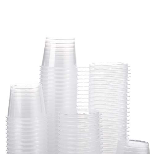 [1 ул. - 100 комплети] Пластични чаши за еднократна употреба со капаци, стабилен сад за облекување на теренот, за да одам, џело шутираше чаши