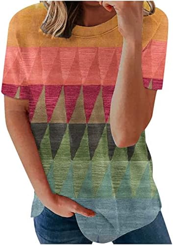 Women'sенски 2023 година летен круг врат лабава маички блуза со краток ракав Цвет печатена маица удобни модни обични врвови