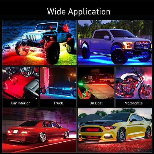 Nilight 4PCS Car Underglow Neon Accent Strip Lights 256 LED диоди RGBIC Multi Color DIY звук активен функција Музика режим со контрола на