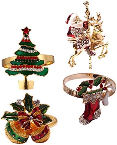 Салфетки за хартија со soimiss Декоративни 4 парчиња златни Божиќни салфетки прстени Rhinestone држач за салфетка Санта Божиќна шема на