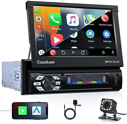 Стерео со единечен Din Car со Apple CarPlay Android Auto 7 Inch Automatic Blip Out Ectaur Ectaion Radio со Bluetooth резервна