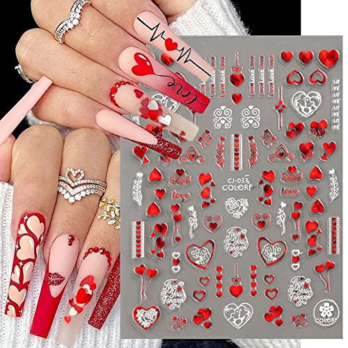 8 листови налепници за уметност на в Valentубените нокти декорации 3Д самостојно лепило за нокти за уметност ласерско црвено бело срце дизајни