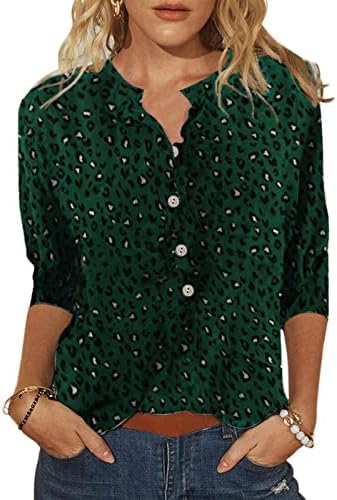 DSFVUS женски врвови модна графичка печатена маица половина ракав копчиња за блуза до тркалезен врат работа обична кошула со џеб