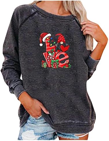 Christmasенска Божиќна маичка симпатична Дедо Мраз, графички пуловер, врвови со долга ракав, лежерна кошула гроздобер преголема