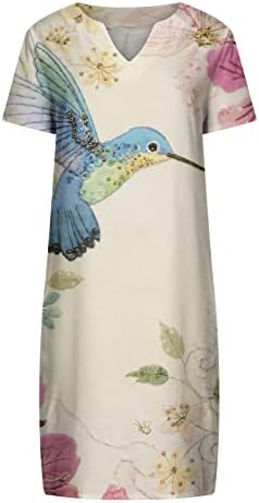 Гроздобер летен памучен постелнина, женски трендовски цветни печати плажа, облечен во вратот, кратки ракави, мини туничен фустан
