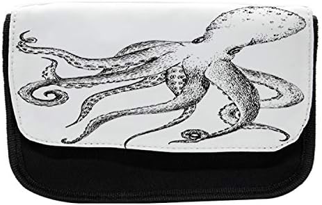Зачудувачки кутија со молив во октопод, рачно нацртани диви животни, торба со молив со ткаенини со двоен патент, 8,5 x 5,5, црно бело