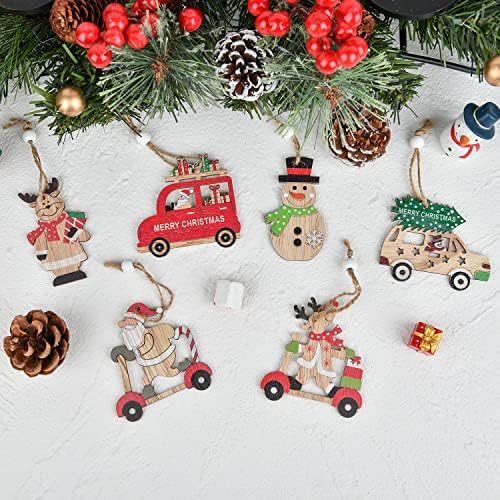 LVYDEC 27PC Дрвени Божиќни украси за Божиќ, ирваси на Санта Снежен човек и украси за автомобили со разнобојно сликарство за украсување дома