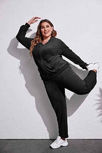 In'Voland Women'sенски плус големина велур тренер за долги ракави со џогирање со 2 парчиња џогирање на облеката по поштенска качулка со џебови