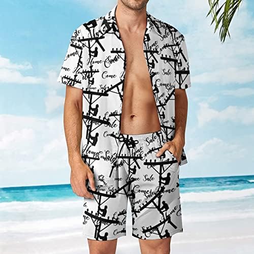Weedkeycat Дојдете дома Безбедна облека за машка плажа за машка плажа 2 парчиња хавајски копче надолу со кошула Краток ракав и шорцеви