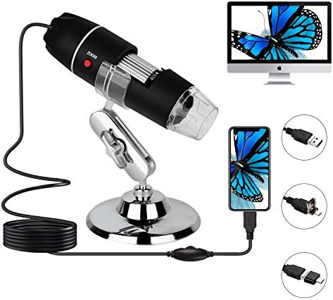 USB дигитален микроскоп, 8 LED светла 40x-1000x зумирање микроскоп камера, со адаптер OTG и метална заграда 360 °, компатибилен со Mac,