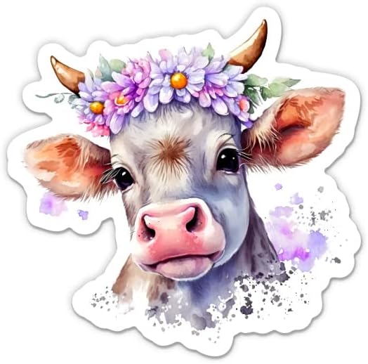 Налепница од крава со цвеќиња - налепница за лаптоп 5 - водоотпорен винил за автомобил, телефон, шише со вода - прилично цветна декорална крава