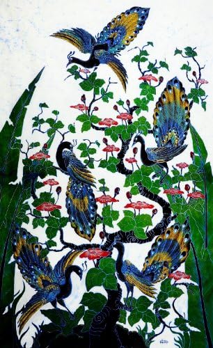 Оригинално сликарство со батик уметност на памучна ткаенина, паунци на дрво 'од Агунг
