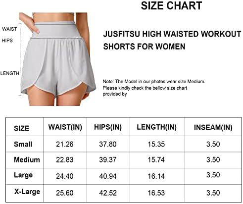 Jusfitsu 2 во 1 шорцеви со високи половини за жени за жени со предна нога Контрола на стомакот Атлетски шорцеви со џебови