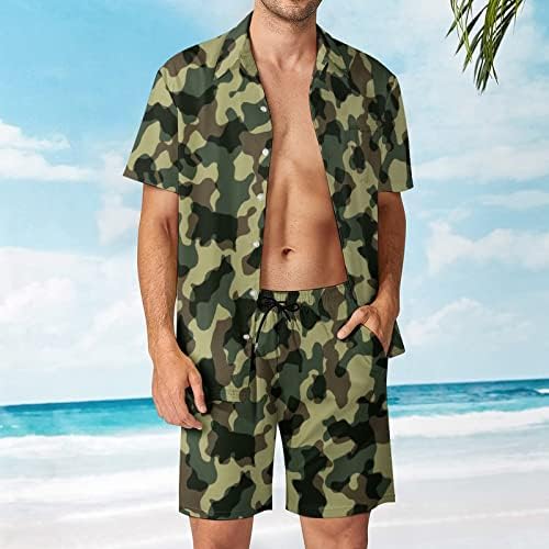 Weedkeycat Камуфлажа за маски на плажа 2 парчиња Хавајско копче надолу со кошула Краток ракав и шорцеви