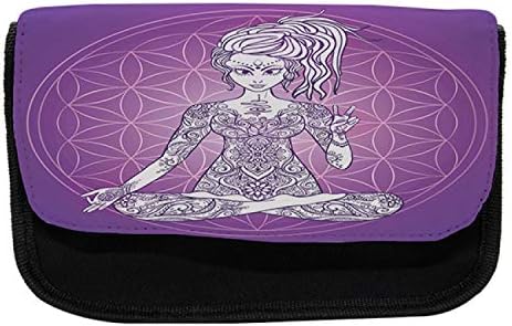 Зачудувачки случај на психоделичен молив, девојче тело тетоважа јога, торба со молив со ткаенини со двоен патент, 8,5 x 5,5, виолетова