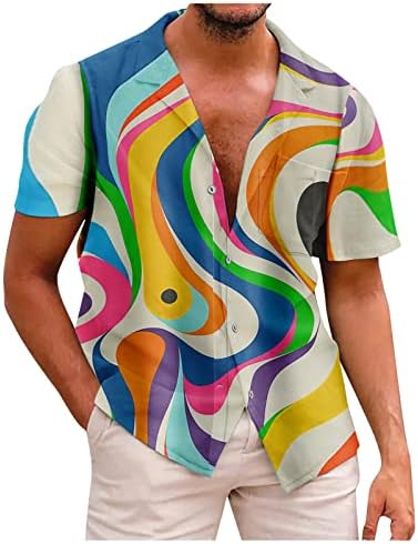 Плус големина на копчето до кошули за мажи со џеб Смешна графичка вратоврска графичка мета 2023 опуштени еластични летни врвови