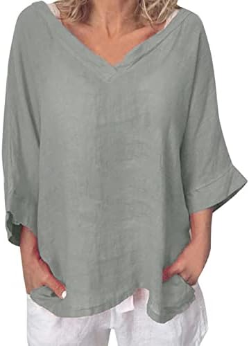 Кошули со памучни постелнина за жени преголеми 3/4 ракав цврста боја V вратот блуза случајна лабава цврста боја врвови маица
