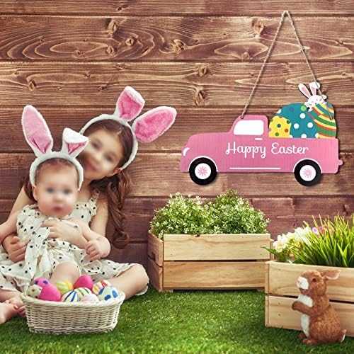 Среќен велигденски розов автомобил велигденски зајаче боја јајца дрво виси декор врата за закачалка Фестивал на wallидна врата декоративна