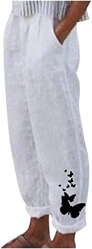 Панталони со постелнина за летни девојки за тинејџери лето есен печатење опуштено вклопување салон за права нога панталони жени 2023 облека трендовски