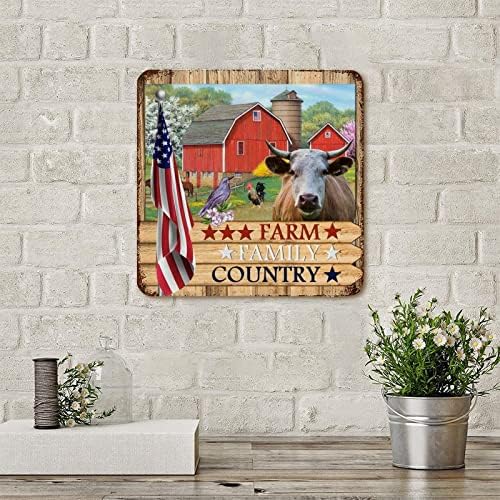 Рустикално дрво жито фарма семејство Патриотска американска знаме и фарма животни гроздобер метален лимен знак метална уметност печати