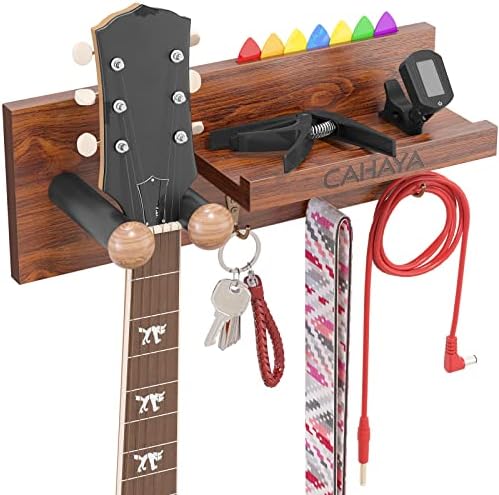 Кахаја гитара wallид монтиран закачалка со гума кука дрвена закачалка за гитара со полица за складирање и држач за гитара за гитара за акустични