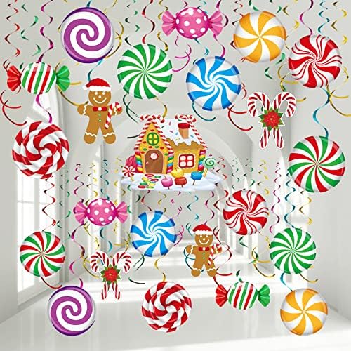53 парчиња Божиќ висини вирли украси Божиќни бонбони од ѓумбир од ѓумбир, човек елфс црвен кардинал тавански украси за украси за елка Божиќна