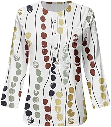 DSFVUS женски врвови модна графичка печатена маица половина ракав копчиња за блуза до тркалезен врат работа обична кошула со џеб