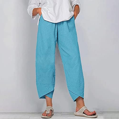 Малаидог Трендовски летни капри панталони за жени памучни постелнина лабава еластична половината широка нозе исечени дневни панталони