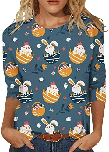 Велигденска кошула за зајаче за жени 3/4 врвови на ракави, симпатични маички за печатење, обични лабави лесни кошули на Хенли