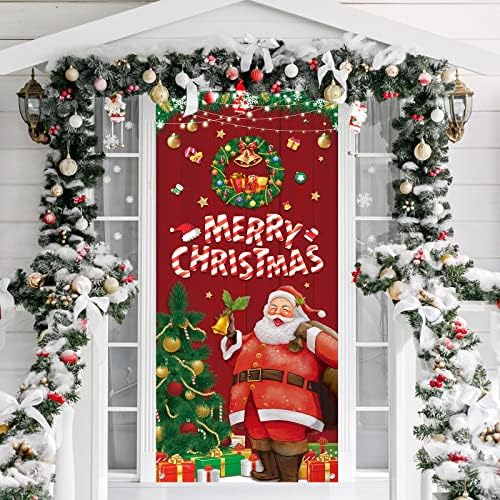 Смешана корица на Божиќна врата, 78,7 × 36,6 инчи Голем Божиќ на Божиќ, Банер Санта Фестивал за одмор, Банер, смешни Божиќни забави Декорации