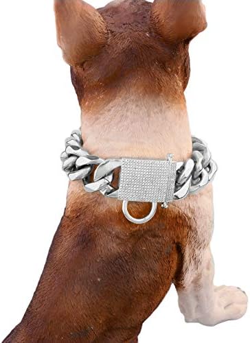 Aiyidi силен ланец на кучиња јака тешка не'рѓосувачка челик сребрен ланец на кучиња широк 23 мм дебела кубанска врска со гушачка јака