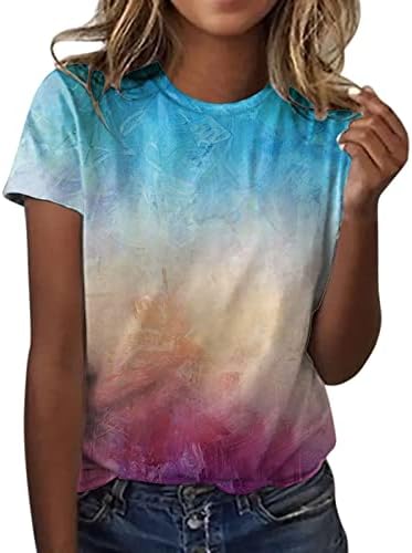 Летни врвови, цветни печатени кратки ракави со тркалезни маици со обични женски маички