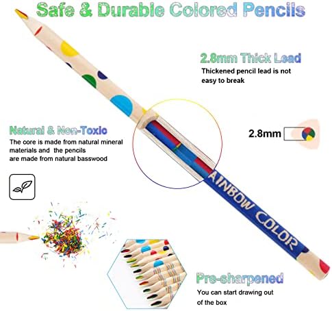 ShowVigor Rainbow Pencils со острилки за моливи, 10 парчиња дрвени обоени моливи за деца, 4 во 1 молив во боја, поставен за цртање,
