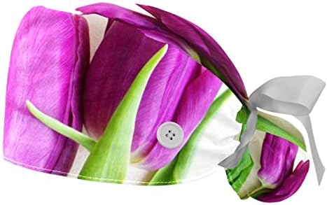 Медицински капачиња за жени со копчиња долга коса, 2 парчиња прилагодливо работно капаче, виолетова цвет од лале