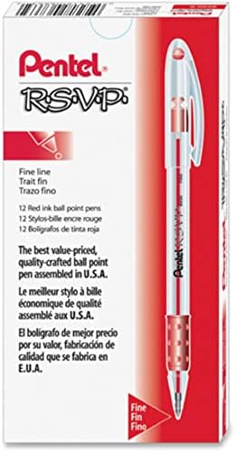 Pentel® R.S.V.P.® Ballpoint пенкала, фино точка, 0,7 mm, чиста барел, црвено мастило, пакет од 12