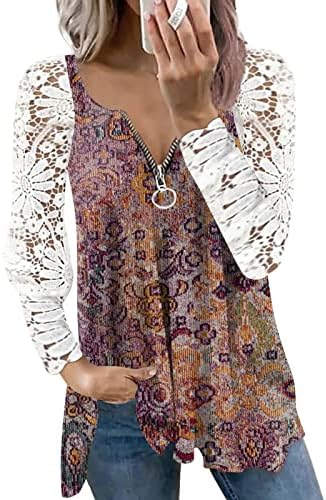 Женски чипка шуле од лежечки блузи со долги ракави, печати патент v вратите кошули лесни блузи