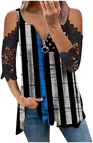 Кошула за ладна рамо за женски летен патент V-врат од чипка, чипка за крпеница со кратки ракави Туника блуза