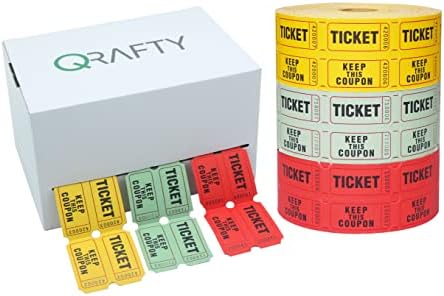 Qrafty - 3 ролни со сини, црвени и жолти билети за томбола - вграден диспендер - 1000 двојни билети по ролна за наградување на