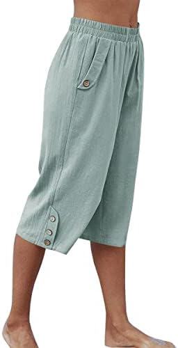 Veatzaer женски обични капри панталони Еластична половината цврста боја 3/4 летни панталони со џебови
