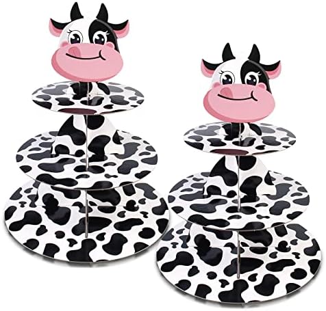 Купот на чашата за торта Торта Ниво на штанд: 2 пакувања 3-нивоа кула за кекс, фарма за печатење на крави на животински крави за