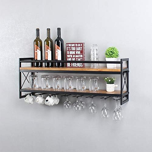 Weven Wine Rack Stemware стакло решетката, индустриска 36in 2-нивоа дрвени полица, wallидни лавици за вино со 8 држачи за матични
